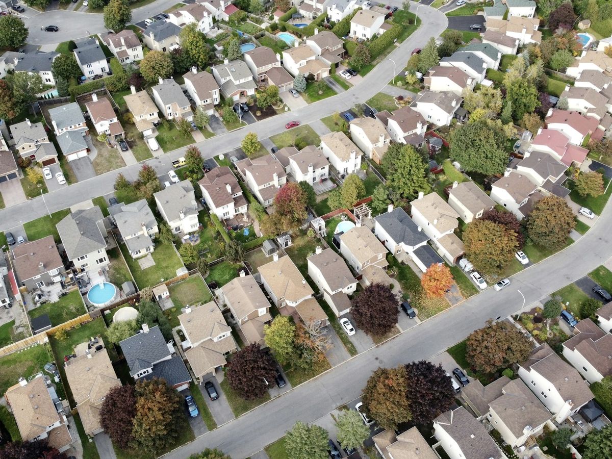 Aerial view of a suburban neighborhood of single-family houses